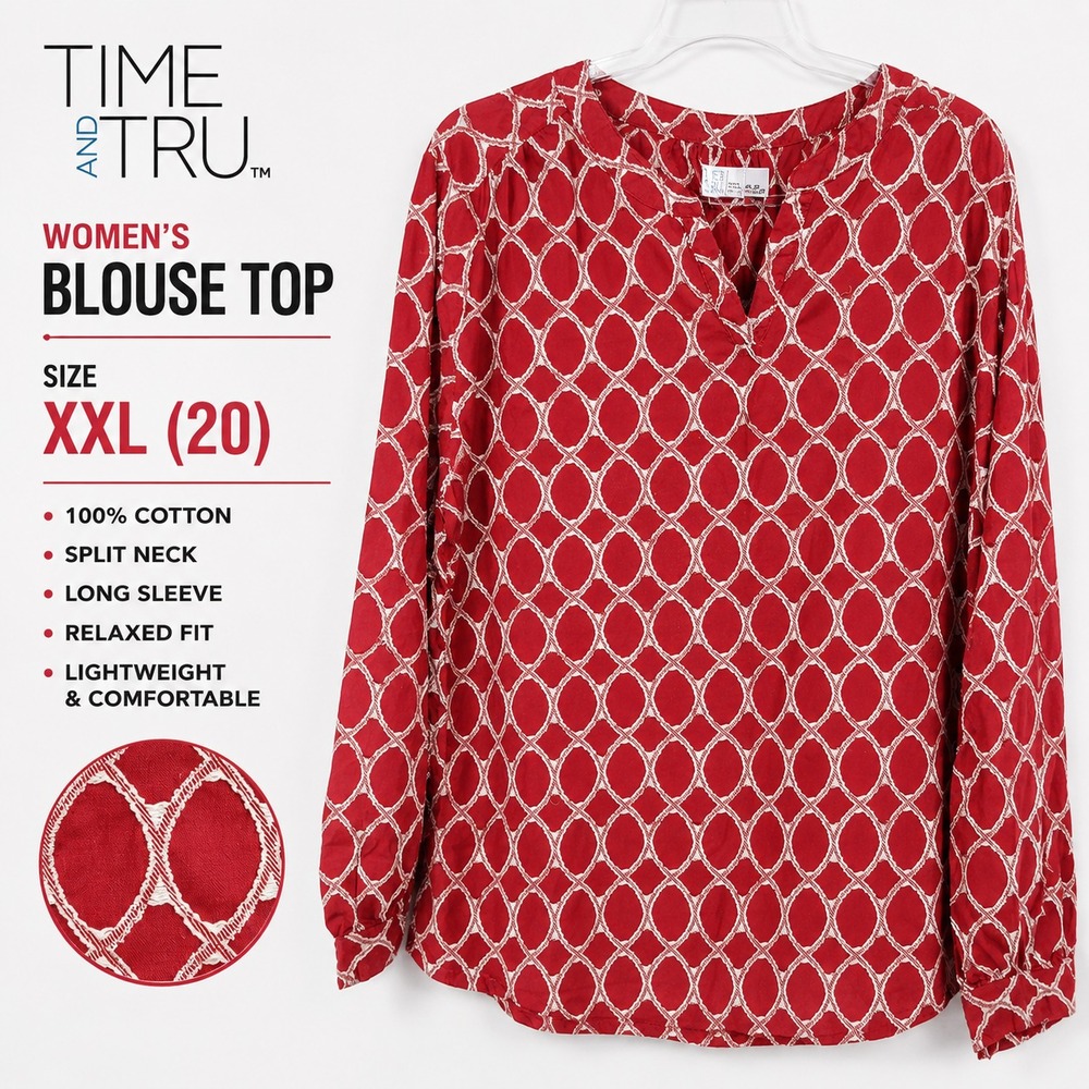 Time and Tru Women's XXL 20 Red Geometric Print Long Sleeve Cotton Blouse Top